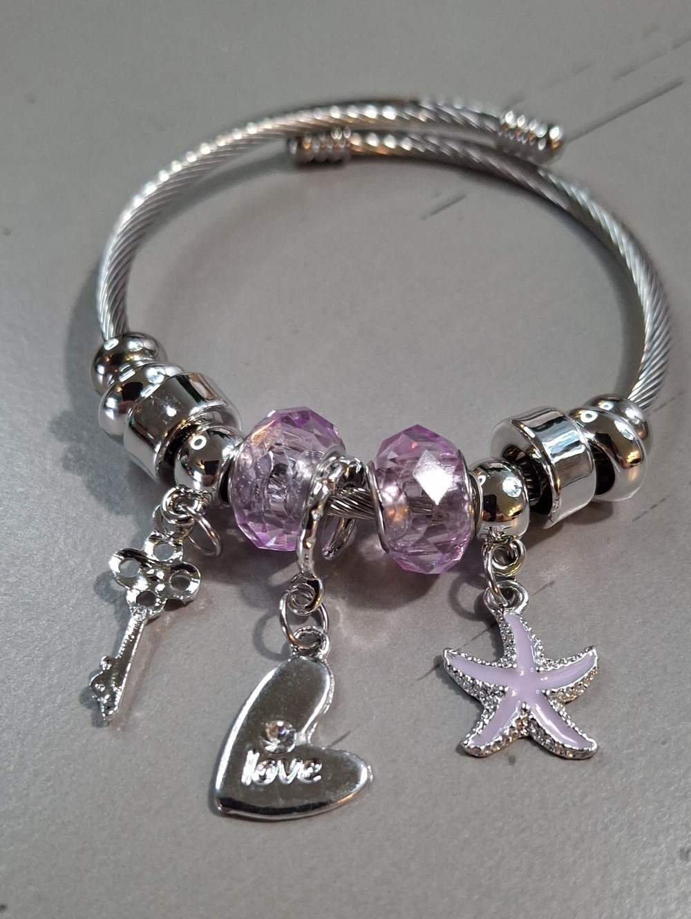 Stainless Steel Silver Cable Bracelet with Lavender Crystal Beads & Charms